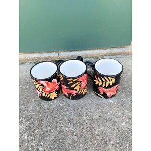 Totally Today Tropical Floral Coffee Mugs Set of 3 Black Red Hibiscus Ceramic